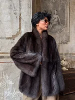 Solid Medium-length Fur Coat Women Elegant Lapel Hidden Button Loose Outerwear 2025 Winter New Office Lady Commute Overcoat 1