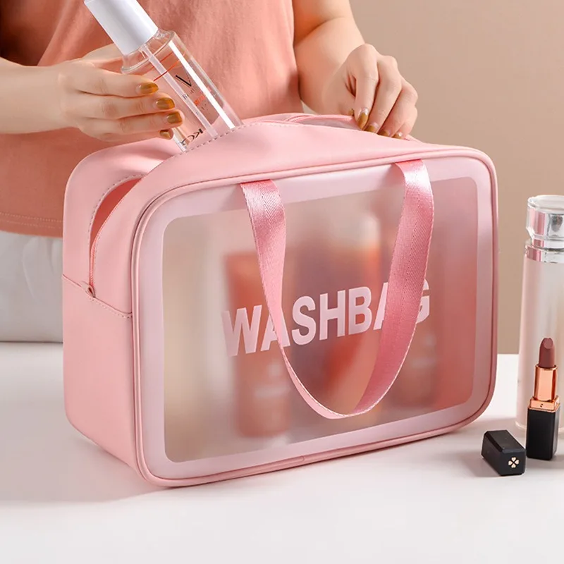 Travel Cosmetic Cases Transparent Bag Organizer All Waterproof Pink Makeup with Compartments Complete Travel Toiletry Kit