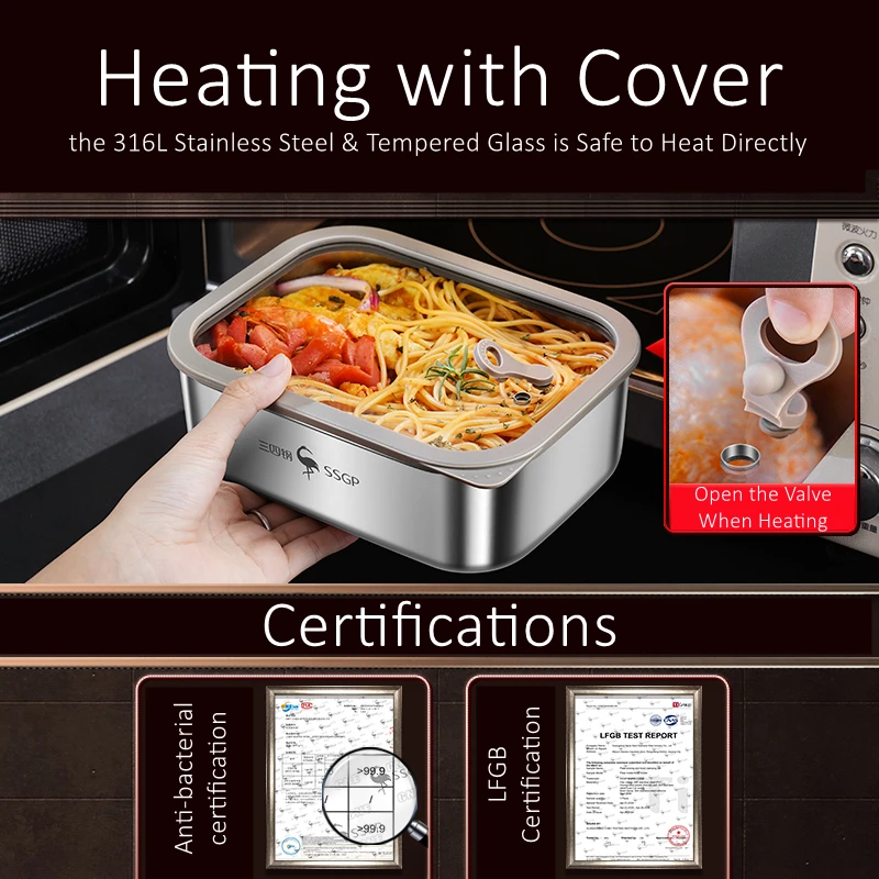 Description Picture 5 of itemLFGB Certificated 316L Stainless Steel Crisper 99.9% Anti-bacterial Fridge Food Box Well Sealed Bento with Tempered Glass Cover