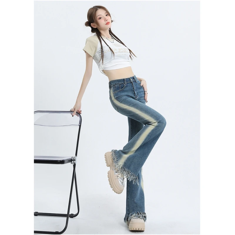 

Vintage Blue High Waist Women Jeans Contrasting Colors Fashion Streetwear Wide Leg Jean Female Summer Trouser Baggy Denim Pants