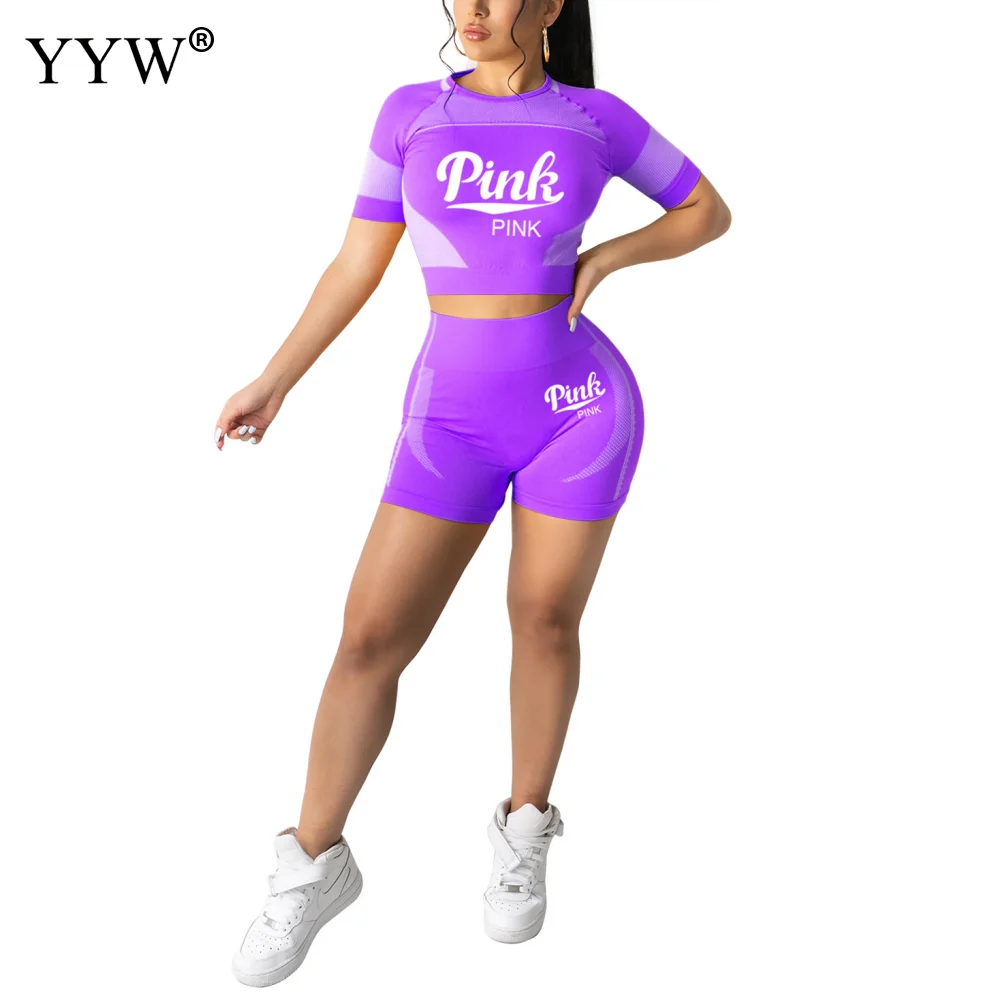 

PINK Printed Summer Running Tracksuits Female Short Sleeve Tops + Pants Femme Jogger Outfits Women Casual Two Piece Sports Sets