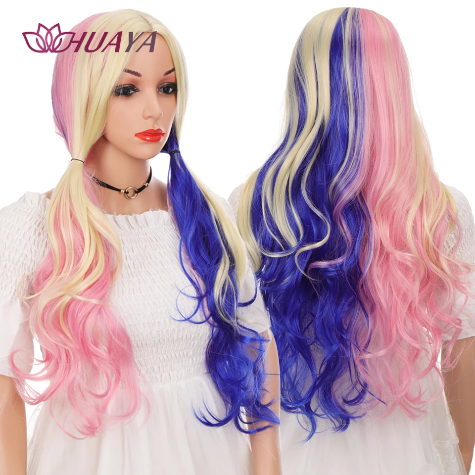 Long Wavy Synthetic Wig with Bang Half Pink Half Blue Quinn Cosplay Wig for Women Heat Resistant