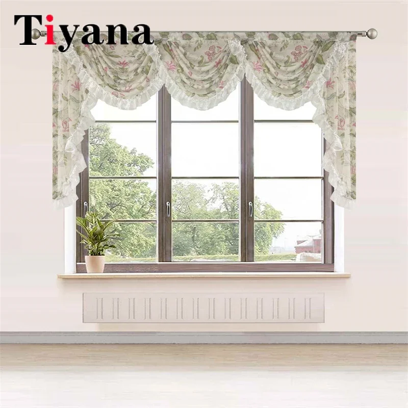 

Pastoral Floral Sheer Valance Curtains Luxury Voile Wave Waterfall Scallop Curtain Custom Window Panel Drapes For Living Room