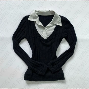 Harajuku solid color cardigan sweater lapel fashion retro 90S tops American punk high street mood girl's fashion women's sweater 1