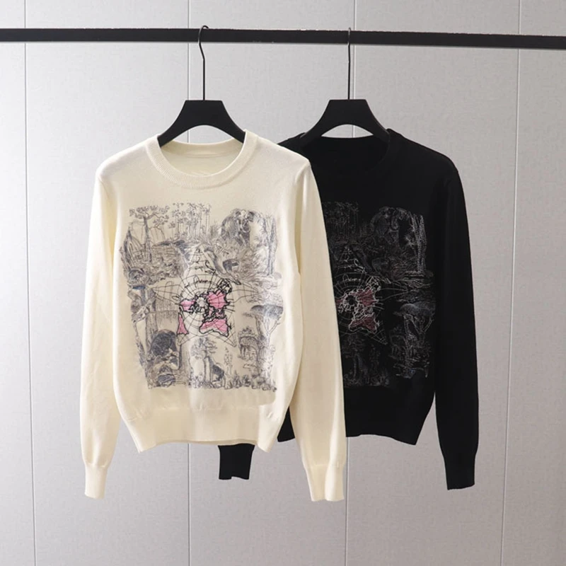 

Autumn and Winter New Five pointed Star Animal Map Heavy Industry Embroidery Long sleeved Knitwear Bottom Sweater