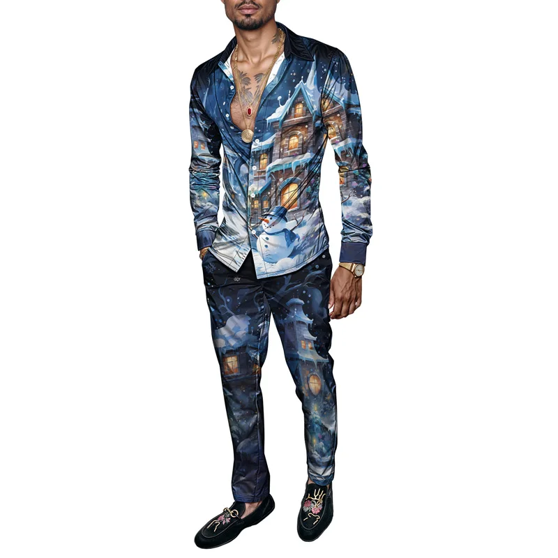2025 Fashionable Spring Summer Men Shirt Set Christmas Print Fashion Gingerbread Man Two Piece Set Mens Snowman Lightweight_voghion.com