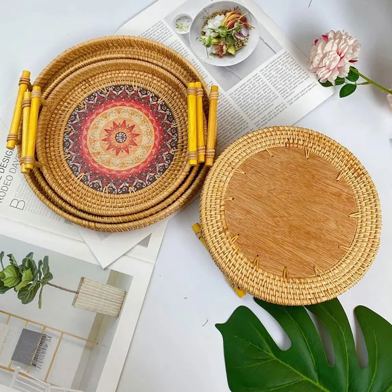 Storage Tray Kitchen Tray Bamboo Organizer Tray Handwoven Rattan Bread Fruit Cake Snacks Picnic Serving