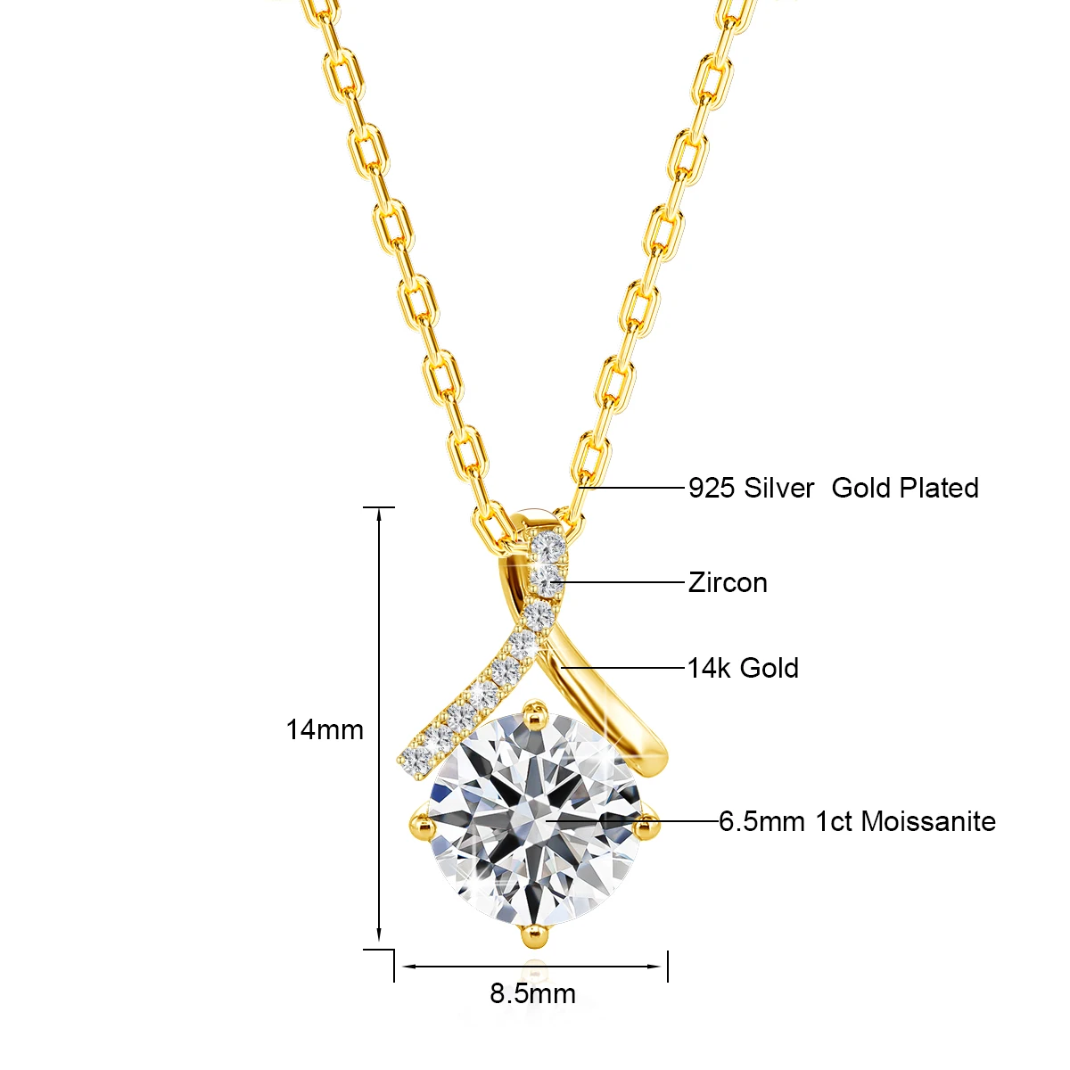 1ct 14k Gold Cross Moissanite Pendant Necklace for Women Shiny Zircon Wedding Party Engagement Jewelry with Certificate Gift Box