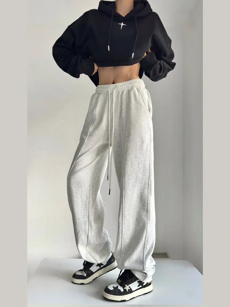 

HOUZHOU Women Sweatpants Gray Joggers Casual Wide Leg Sports Pants Classic Korean Style Oversized Y2k Streetwear Female Trousers