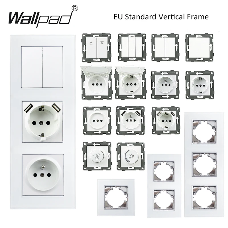 EU Glass Vertical Panel White Wall Rocker Switc German Russia Socket USB Type-A &amp; C Charger Internet Satellite TV Module DIY