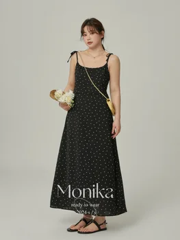 Monika plus Size Polka Dot Sleeveless Belted Halter Dress Women's Summer Slimming Fashionable Skirt Korean Style A-Line Dress
