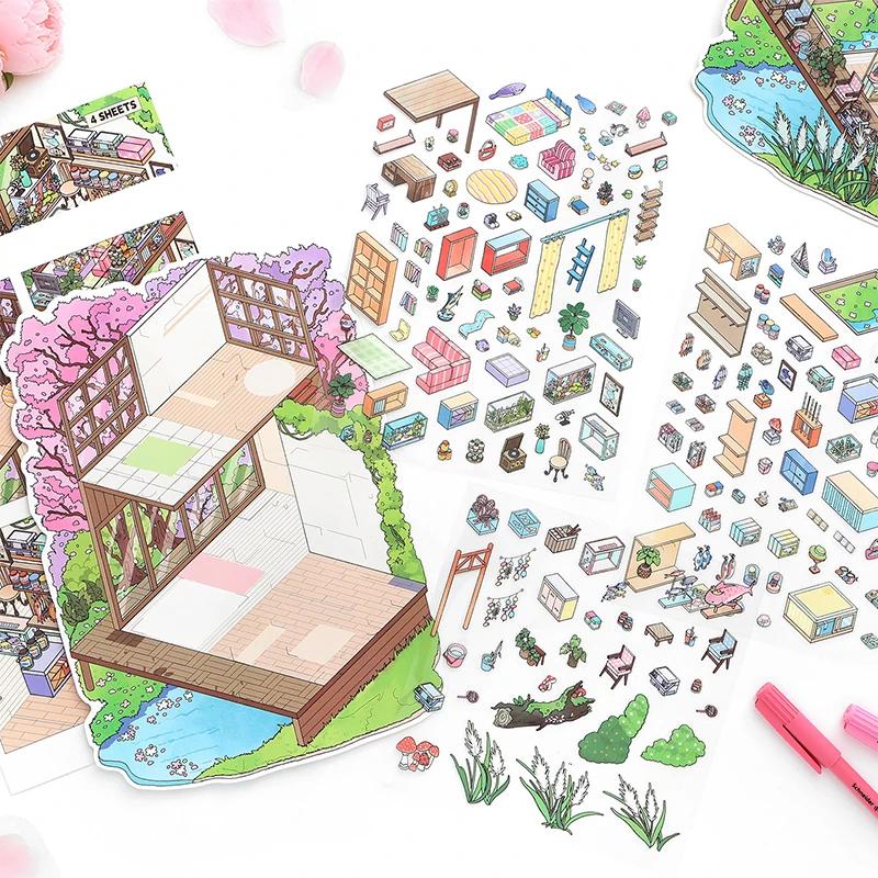 4장의 귀여운 미니어처 도시 풍경 스티커 3D DIY 디오라마 (정크 저널, 스크랩북킹 및 문구 용품용)