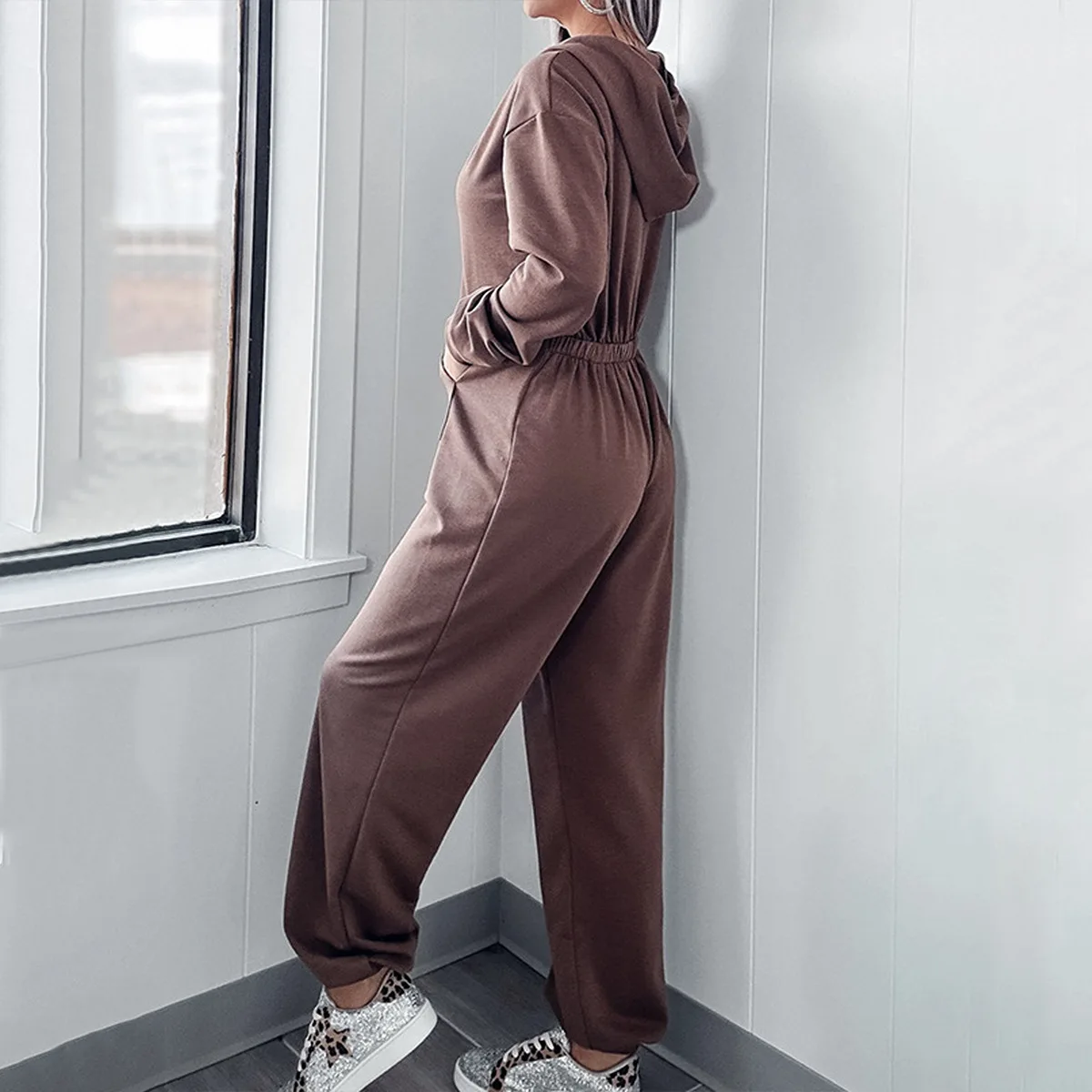 Women Hoodie Jumpsuit Sweatshirt Long Sleeve Wide Leg Overalls