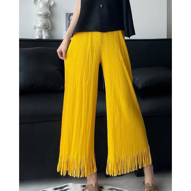 

Miyake Pleated Loose Straight Leg Pants, Fashionable Tassel Lace Flared Pants, Summer Comfortable and Casual Cropped Pants