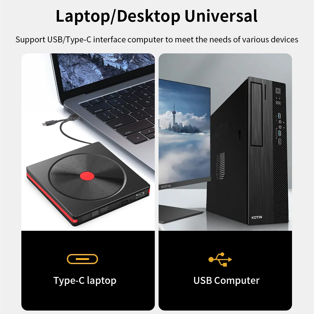 TISHRIC 블루레이 외장 CD DVD 드라이브, 팝업 모바일 외장 DVD-RW, USB 3.0, C타입 CD DVD 리더, 노트북 데스크탑 PC용 라이터