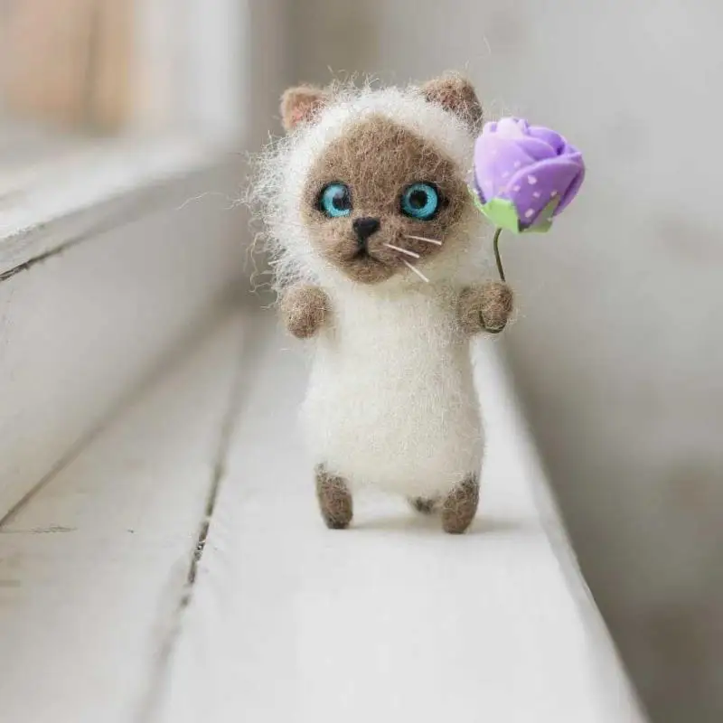 Kit Unfinish Fashion Siamese Hawksbail Tabby Civet Cat Kitty Wool Doll Women Handmade Needle Felt Kit Package Gift For Kids