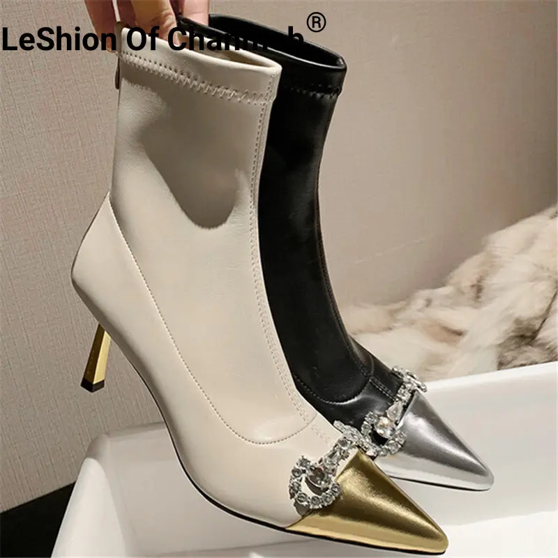 

LeShion Of Chanmeb Women Stretch Microfiber Leather Stiletto Boots Crystal Rhinestone Golden Metal Thin High Heel Point Toe Boot