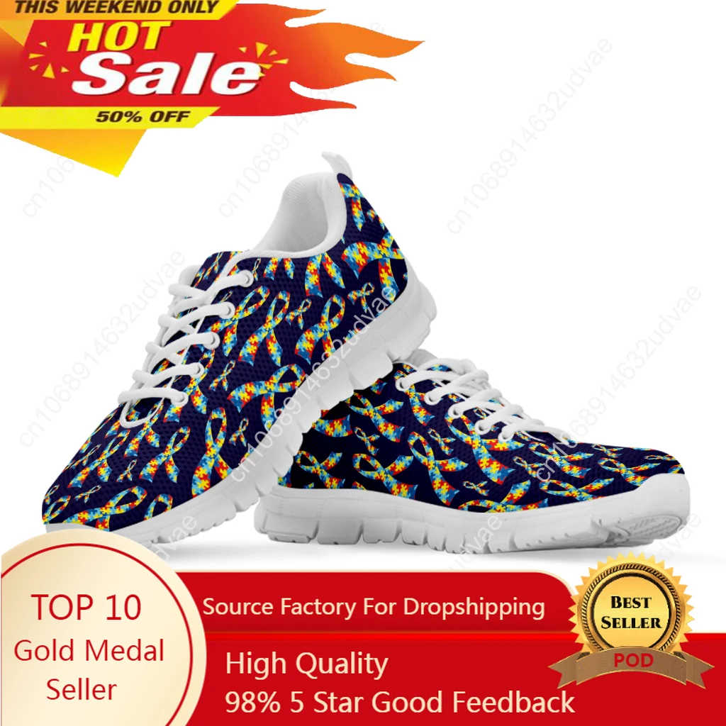 World Autism Awareness Day Design Luxury Brand Sneakers Ribbon Print Lace Up Comfortable Summer Casual Shoes
