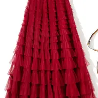 Sweet Layered Cake Me Skirt Elastic Waist Princ Long Dr Korean Sle High Waist Polyester Fabric Mid-Length Skirt - Image 3