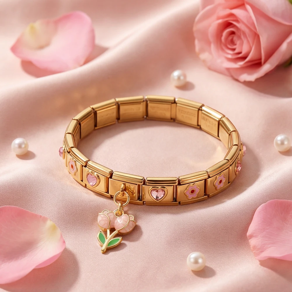 URING 9 mm italienisches Edelstahl-Armband, Herz-Blumen-Werkzeug-Kombinationsset, 19-teiliges Set, DIY-Charm-Schmuck, Valentinstagsgeschenke – Detail 4
