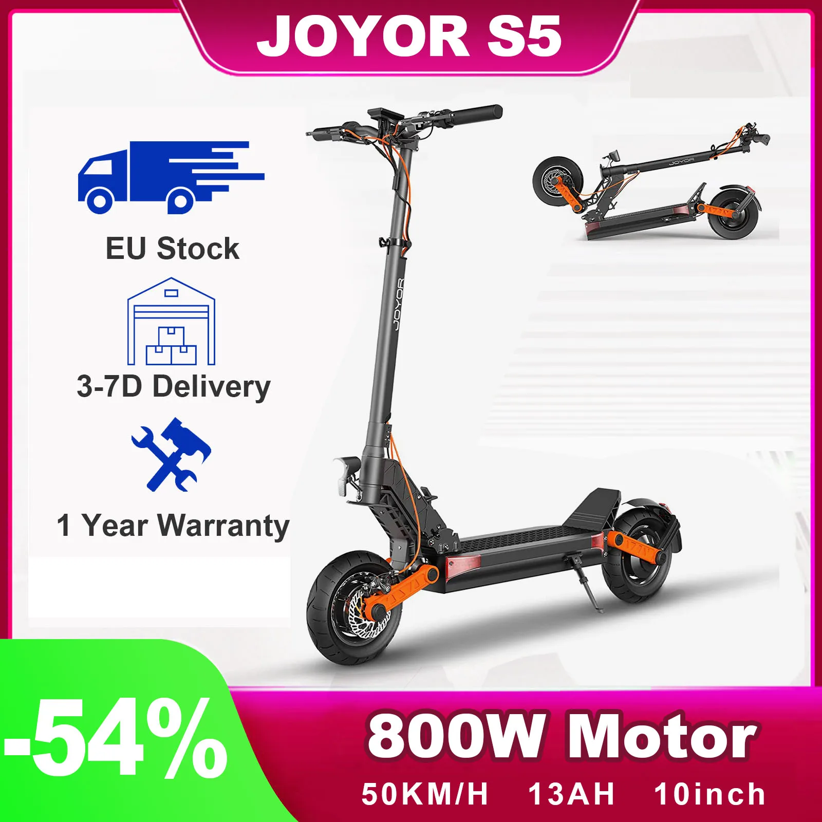 Joyor S5 Adulti Scooter Elettrico 50 Km/H Super Speed 800W Skateboard Elettrico 13Ah 10 Pollici Scooter Hoverboard Ammortizzante