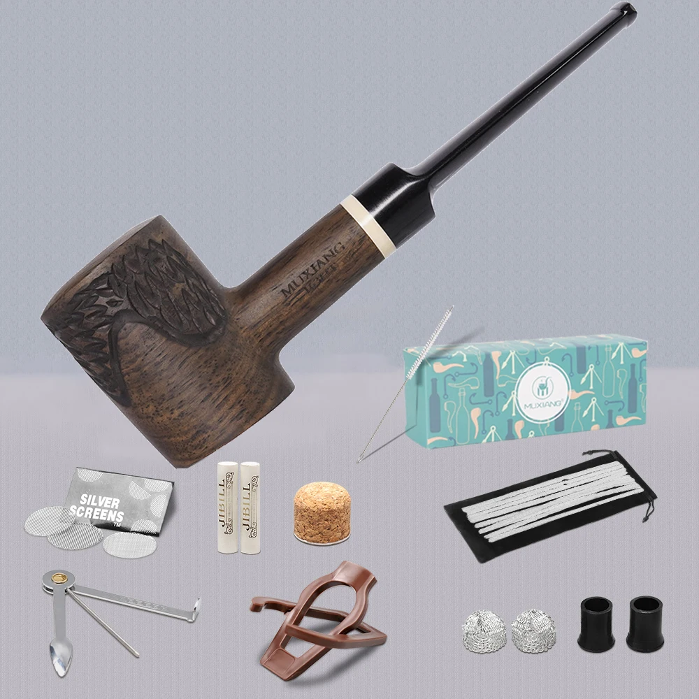 JIBILL solid wood tobacco pipe straight handle hammer pipe with cleaning set sandalwood pipe length 157mm carved wood