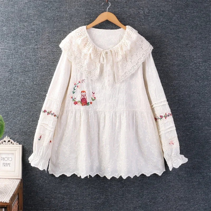 

Women's Japanese Style Mori Girl Lace Embroidery Peter Pan Collar Cotton Linen Shirt, Spring, Summer, Long Sleeve, Kawaii Blouse