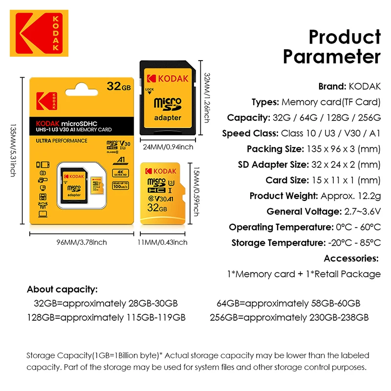 기존 KODAK 메모리 카드 64GB 128GB 256GB U3 4K 마이크로 SD 카드 32GB SDHC UHS-I C10 A1 V30 TF 트랜스 플래시 Microsd