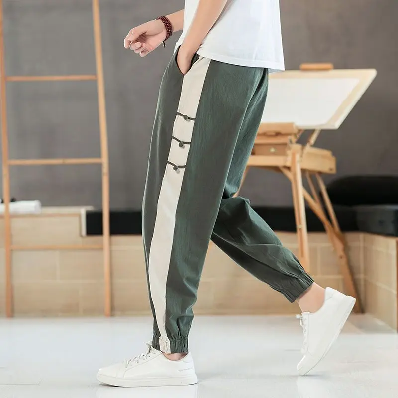 Summer Fashion Elastic Waist Haren Pants Man Contrast Color Pockets Patchwork Cotton Hemp Casual Personality All-match Trousers