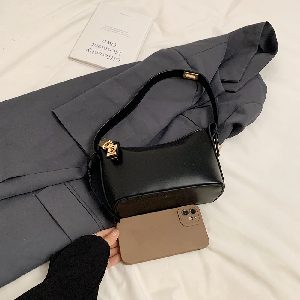 Women Small Shoulder Bag Solid Color PU Leather Leather Underarm Bag Zipper Hobo Tote Handbag with Lock Decor Everyday Purses