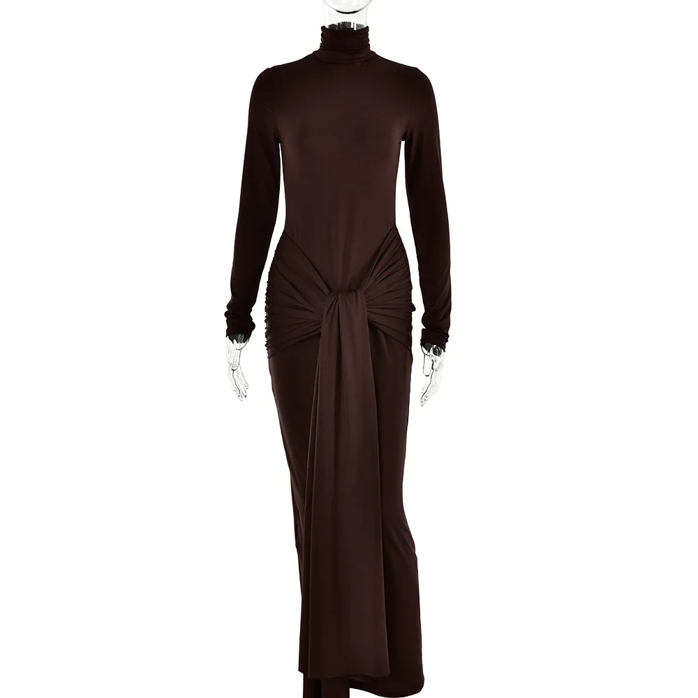 Fashion Bandage Spring Maxi Dress Women Slim Pleated Lace-Up Party Dress Solid Long Dress 2025