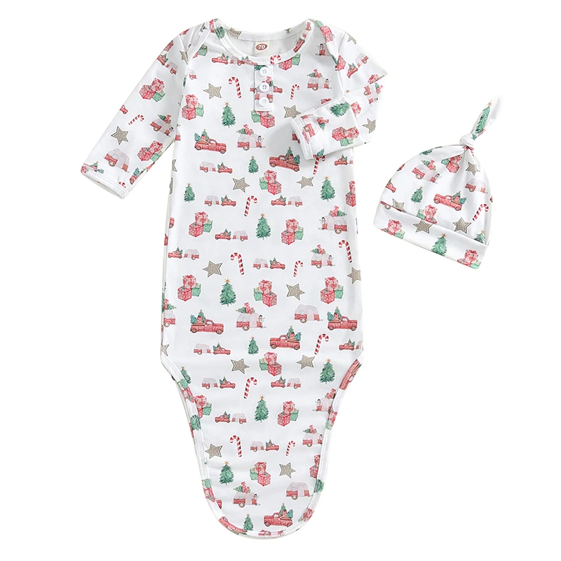 Christmas Baby Gown with Hat Tie Bottom Newborn Receiving Blanket Cap Set for Boys Girls