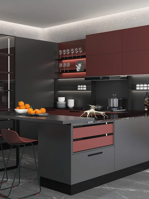 American Style Kitchen Cabinet Furniture Set With Red Island - Kitchen  Cabinets - AliExpress