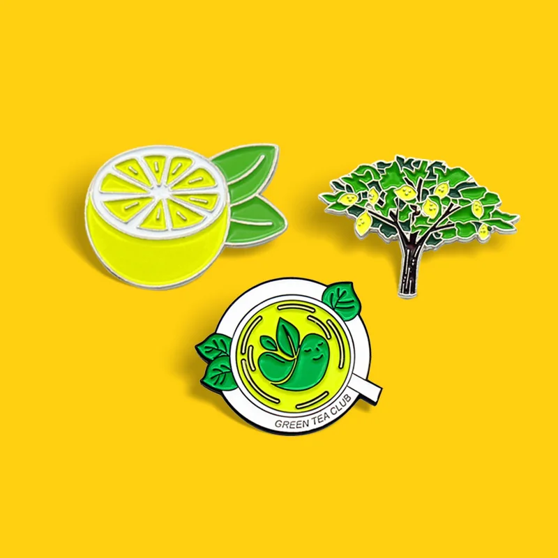 

Эмалированная булавка с лимонным деревом, зеленым чаем, броши для рубашки, лацкана, сумки, фруктов, мультяшная бижутерия, подарок для детей, друзей