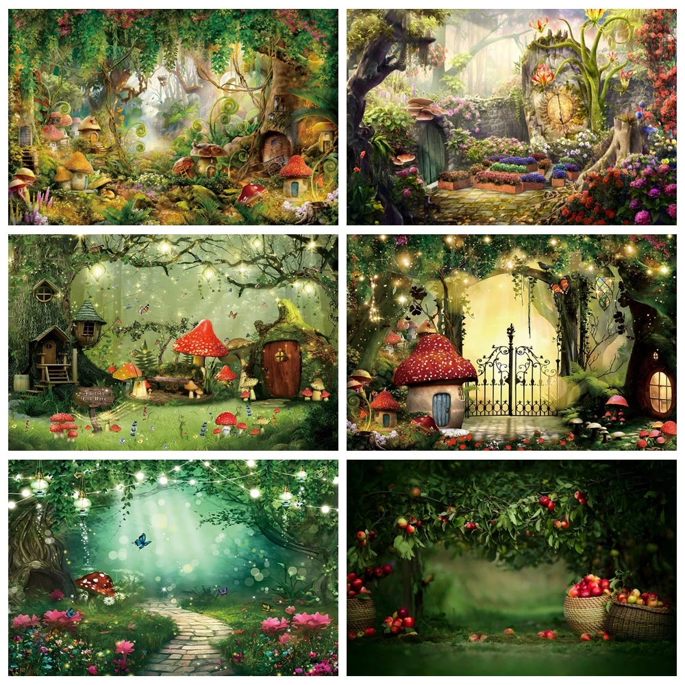 Photo Backdrop Dreamy Forest Natural Jungle Backdrop Wonderland Mushroom Fairy House Baby Birthday Party Photography Background Photo Studio