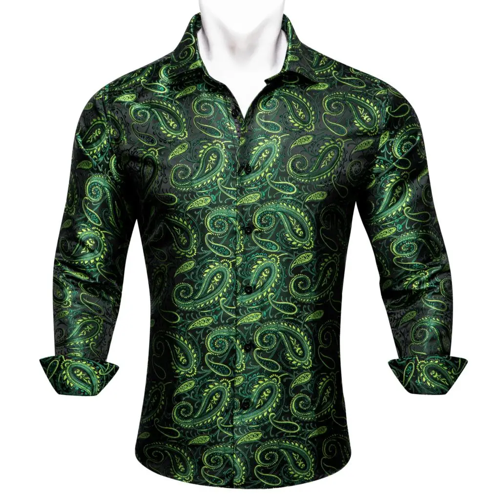 Designer Shirts for Men Silk Long Sleeve Green Paisley Embroidered Slim Fit Male Blouses Casual Tops Breathable Barry Wang fashion royal blue paisley men shirts business formal long sleeve slim fit social shirts with collar pin male clothes dibangu