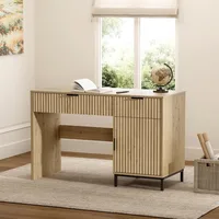 47" Fluted Executive Desk, Modern Wood Home Office Desk with Charging Station, Drawer & Cabinet, Computer Writing Desk for Work 1