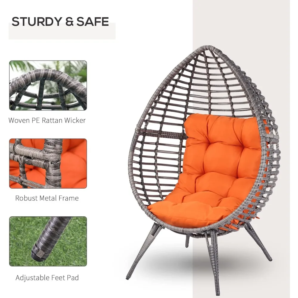 Patio Wicker Egg Chair w/Soft Cushion, Teardrop Cuddle Seat, Outdoor/Indoor Patio Chair, PE Plastic Rattan Furniture wi 2