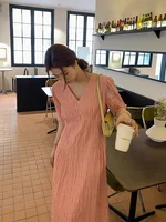 plus Size Women's V-Ne Dr Summer Loose Meat Concealing Pleated A-Line Long Skirt Casual Korean Sle Fro for Pear aped - Image 5