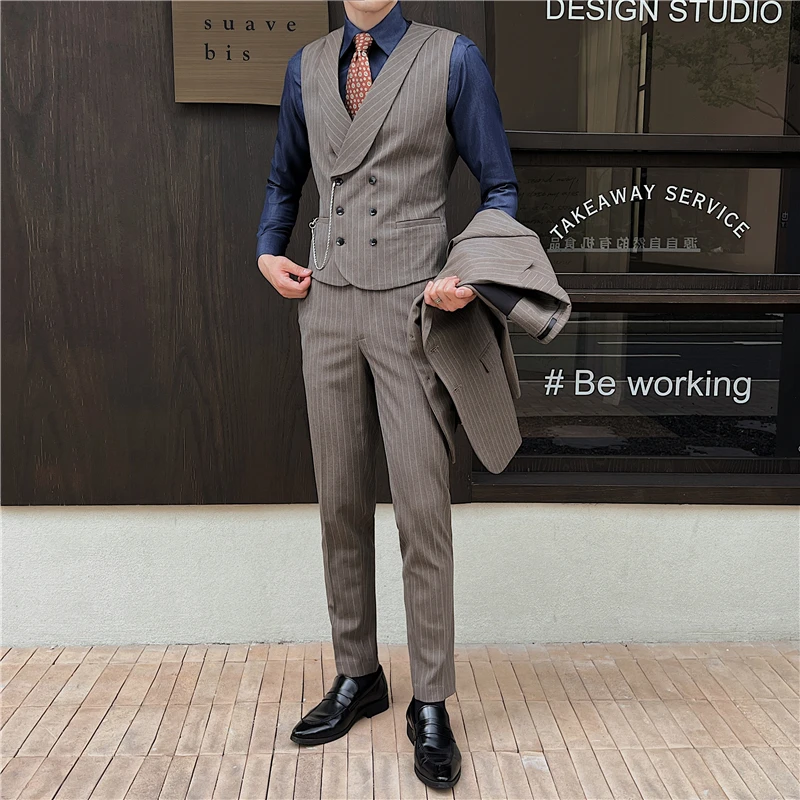 4XL Men's Casual Stripe Suit Vest Slim Fitting British Retro Double Breasted Vest Jacket Male Waistcoat for Wedding Party Dinner