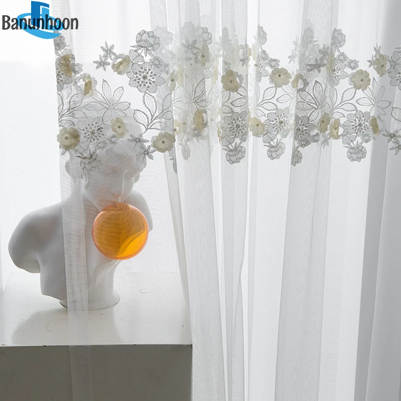 de tul blancas dormitorio, apliques en relieve de flores 3D con cuentas, cortinas de ventana para sala de estar, paneles personalizados transparentes|Cortinas| - AliExpress