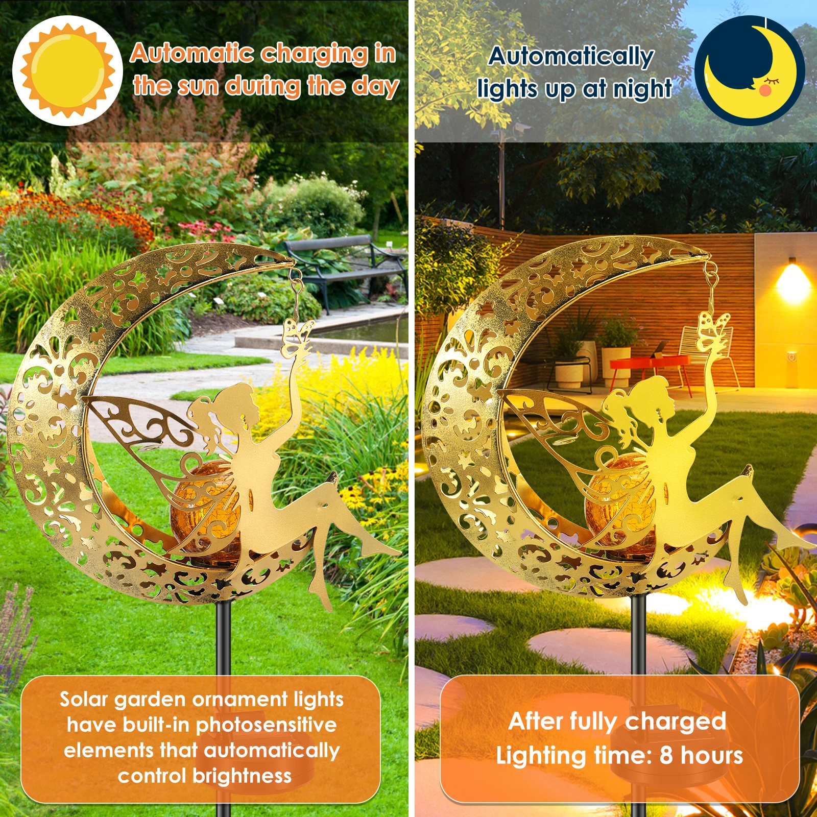 Garden Solar Moon Fairy Lamp Waterproof Outdoor Walkway Lights LED Metal Stake Ornament for Walkway Yard Lawn Patio Garden Decor