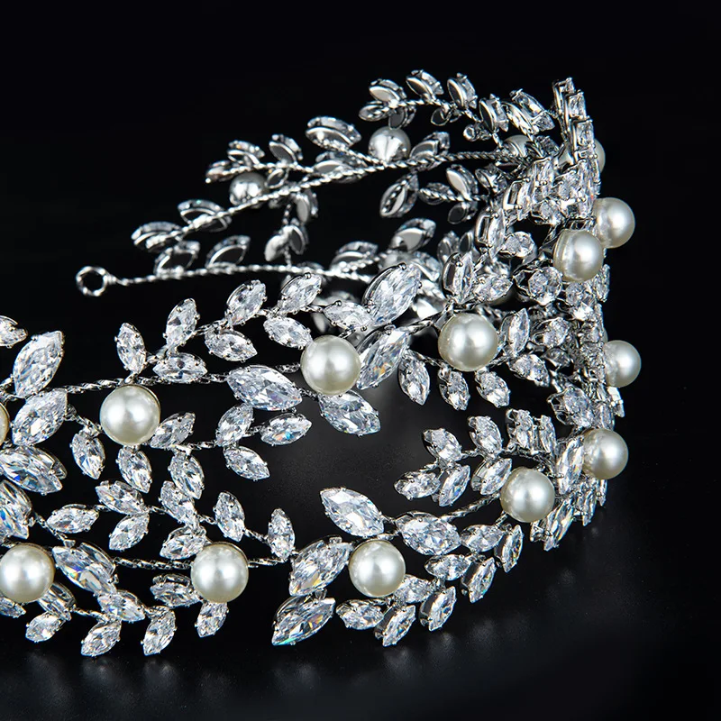 Wedding Hair Accessories Bridal Headband Diadems Crystal CZ Pearl Elegant Bride Tiaras And Crowns Birthday Party Women Headpiece - 5