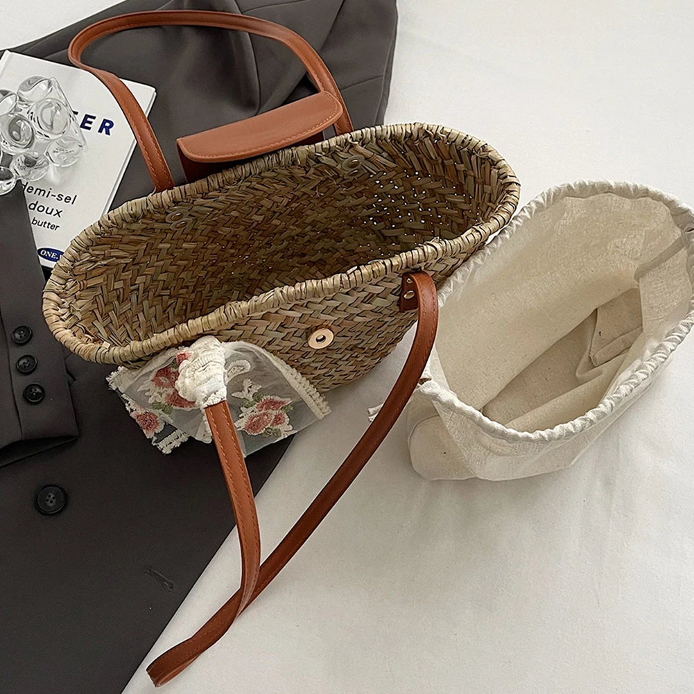 Women Straw Woven Tote Bag Fashion Woven Handbag Large Capacity Weaving Shoulder Bag Chic Hobo for Outdoor Travel