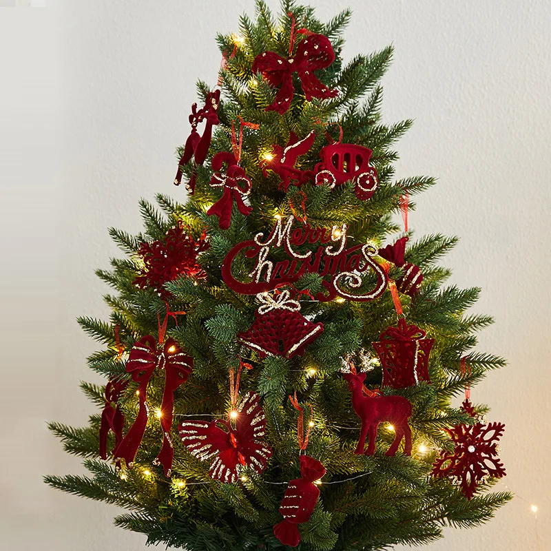 Exquisite2026 New Year Flocked Velvet Christmas Bowknot Pendant Wine Red Snowflake Bells Snowflake Reindeer Christmas Pendant