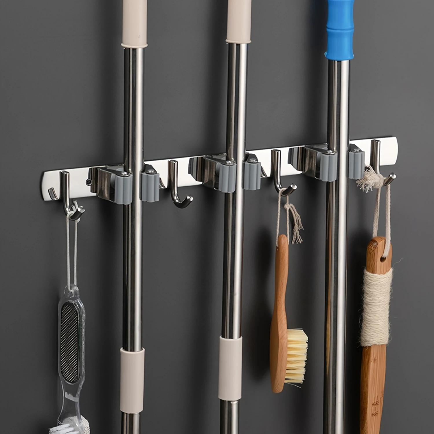4 Racks With 5 , Silver Broom Holder Mop Hanger Garden Kitchen Tool Organizer 4 Racks, Wall Mounted 2