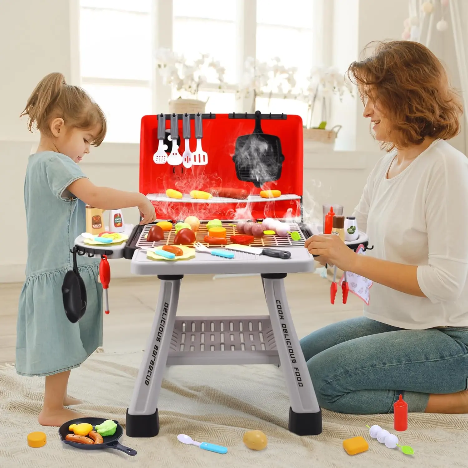 CUTE STONE Children's BBQ Grill Toy, Kitchen Playset, Realistic Smoke BBQ Grill Playset with Toy Kitchen Accessories. 4