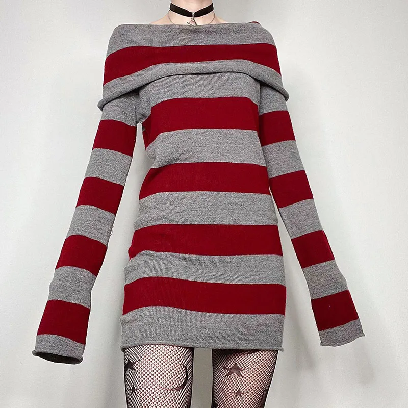 

Y2k Fashion Women Mini Bodycon Dress Stripe Boat-Neck Long Sleeve Short Dress Spring Autumn Wrapped Hip Party Dress Streetwear