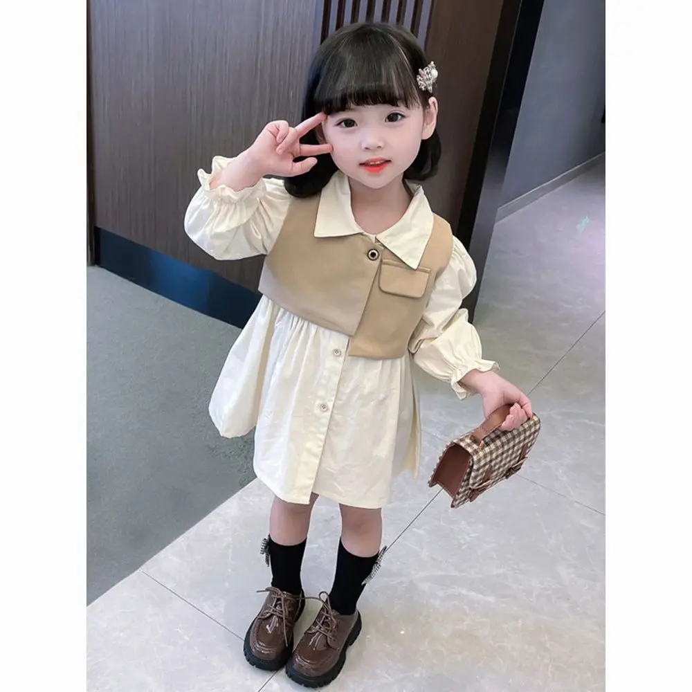 여아용 공주 스타일 조끼 투피스 세트, 턴다운 칼라 플리츠 세트, 가을 용수철