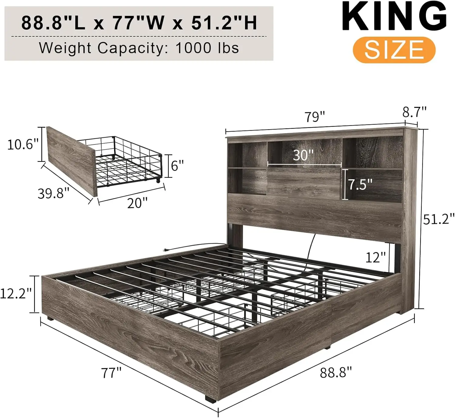 King Size Bed Frame with LED Bookcase Headboard, Wooden Storage Bed with Charging Station & 4 Drawers, No Box Spring Needed 2